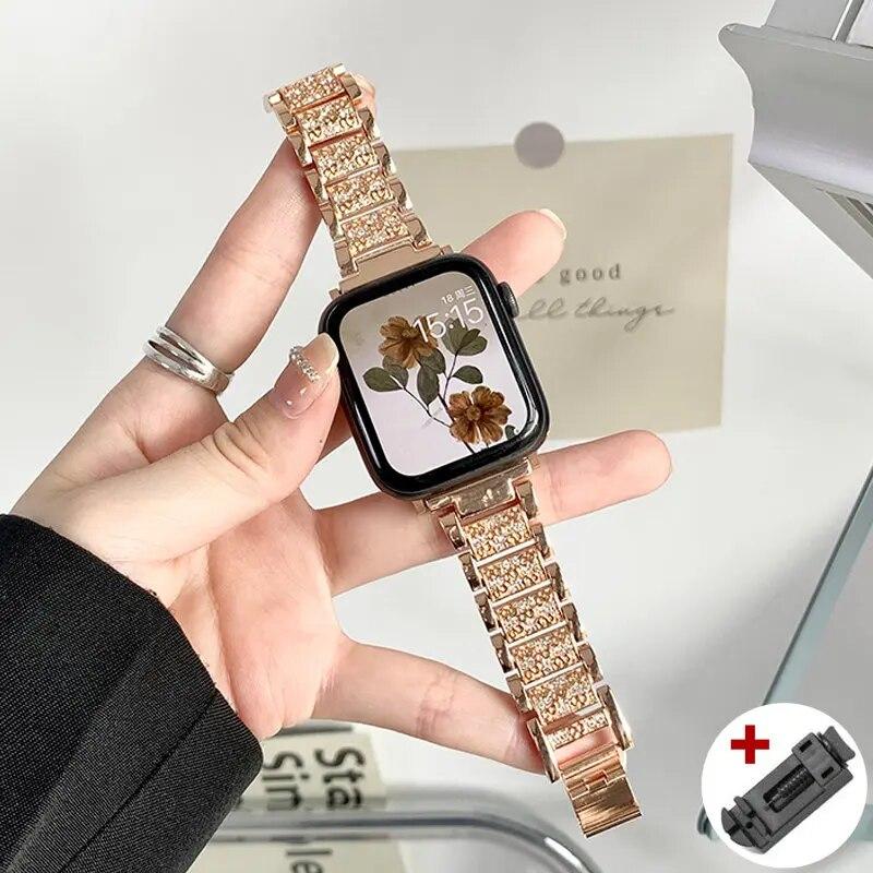 Чехол с бриллиантами + ремешок для Apple Watch Series 8, 7, 41 мм, ультра, 49 мм, 45 мм, ремешок из нержавеющей стали для iwatch 9 se 6, 5, 4, 3, 40 мм, 44 мм, 38 мм, 42 мм, металлический ремешок для часов