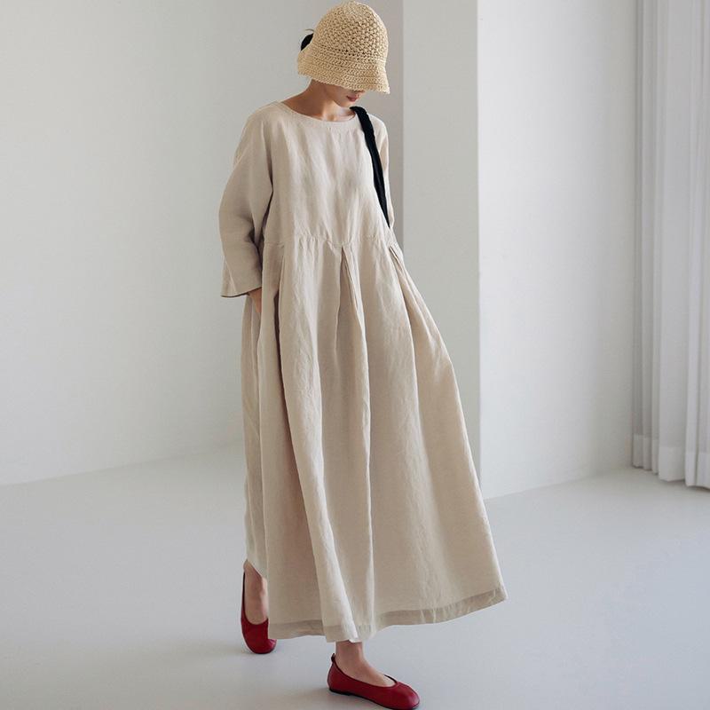 Платье большого размера из хлопка и льна свободного покроя в японском/корейском стиле, с круглым вырезом, длиной до колена, однотонное, юбка-лето