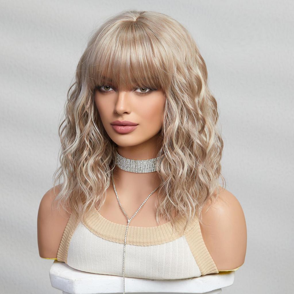 ALAN EATON Short BOB Synthetic WIGS Light Blonde Curly Wig with Bangs for Women Cosplay Daily Party Heat Resistant Fiber Wig
