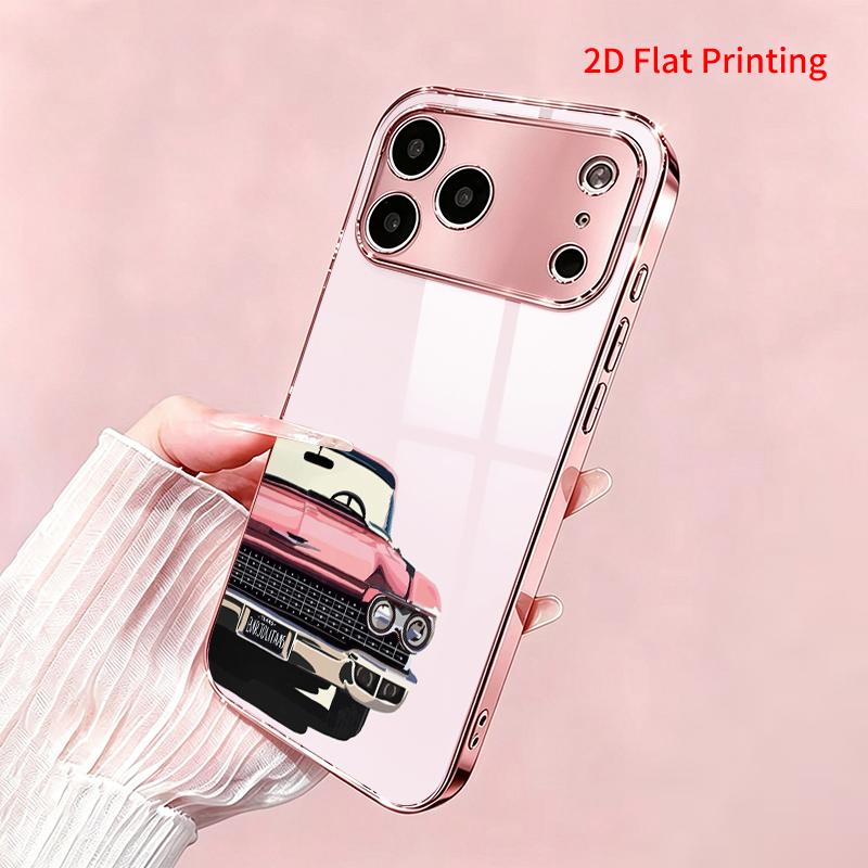 2DFlat electroplated tempered glass phone case,Classic Pink Car Design,suitable for iPhone 18 Pro Max 17 16 15 14 13 12 11