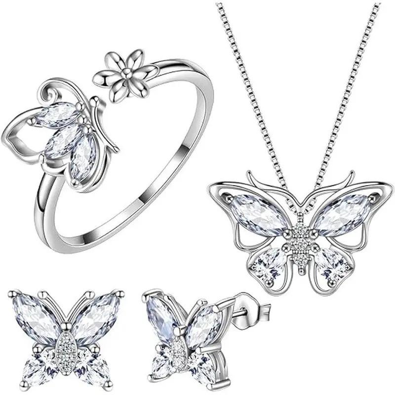 Butterfly Pendant Earrings Necklace Ring Jewelry Set
