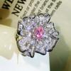 Pink Diamond Flower Ring Women's Open Ins Simple Temperament Full Diamond Micro Inset AAA Zircon Niche Design Style