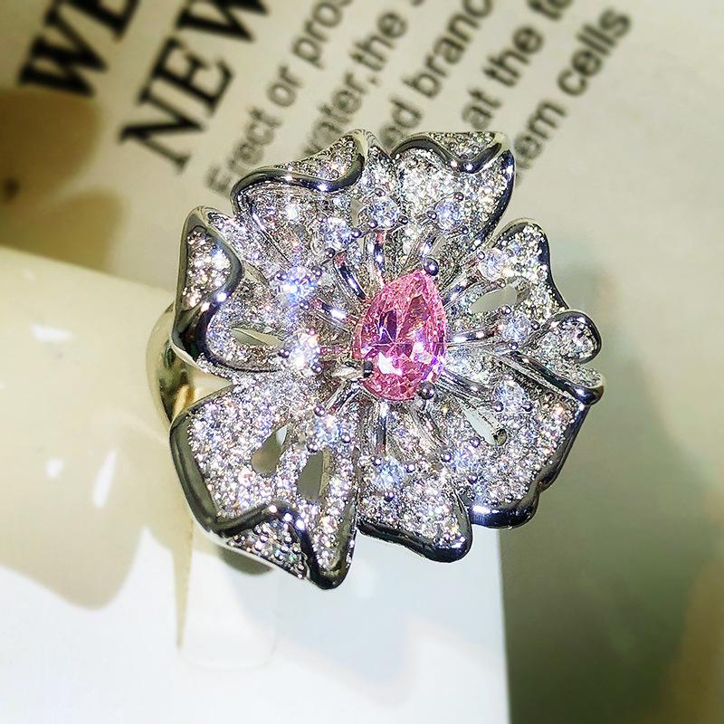 Pink Diamond Flower Ring Women's Open Ins Simple Temperament Full Diamond Micro Inset AAA Zircon Niche Design Style