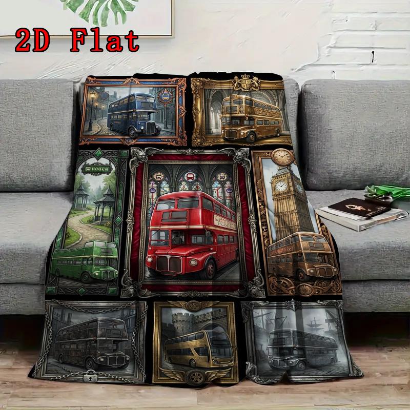 London Bus Collage 2D Flat Pattern Flannel Blanket, High quality All Seasons, Home Decor, Warmth and Comfort, Perfect for Christmas Gifts.