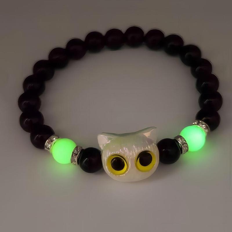 1Pc Cute Big Eye Cat Luminous Bracelets For Women Cartoon Animal Pendant Beaded Hand Chain Friendship Couple Bracelet Jewelry Gift