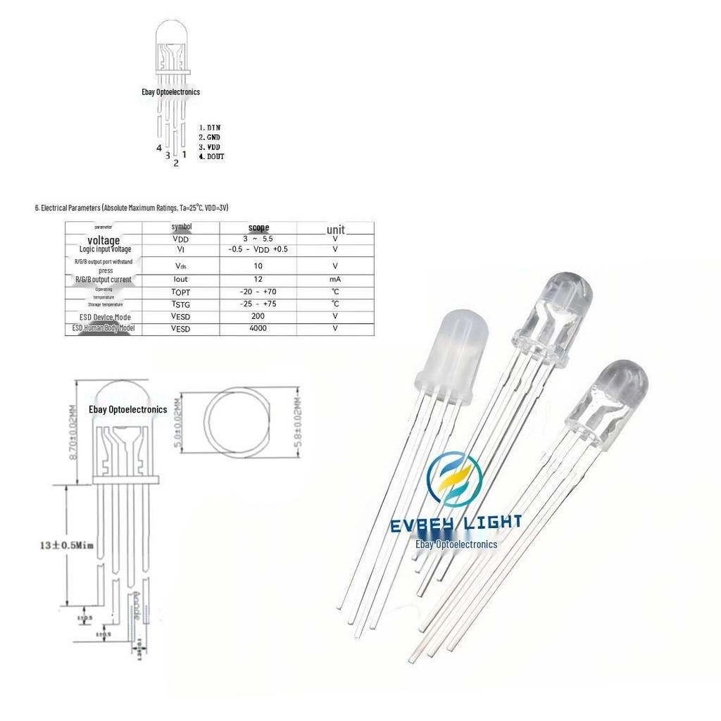 Круглый RGB светодиод 5 мм WS2812B/SK6812 со встроенным IC, полноцветный программируемый выводной