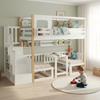 Bunk Bed, Height-Adjustable Table, with a Small Bookshelf at the Bed Edge, Sturdy Storage Staircase, Pine + MDF + Plywood, White+Natural, 90x200cm