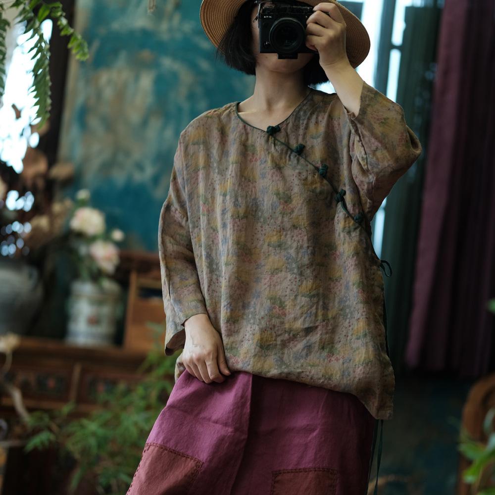 Johnature Women Vintage T-Shirts Print Floral O-Neck Long Sleeve Autumn Button Chinese Style Women T-Shirts