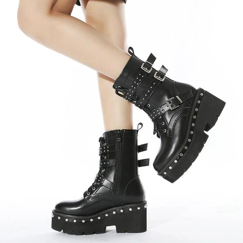 Sexy Buckle Women's Winter High Boots Leather Block Heel Gothic Black Punk Style Platform Shoes Female Footwear Women's Shoes