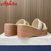 Aphixta Новые вышитые полосатые туфли на танкетке высотой 7 см, платформа, шлепанцы, женские, ретро, больших размеров 43, тапочки, уличная, сексуальная пляжная обувь