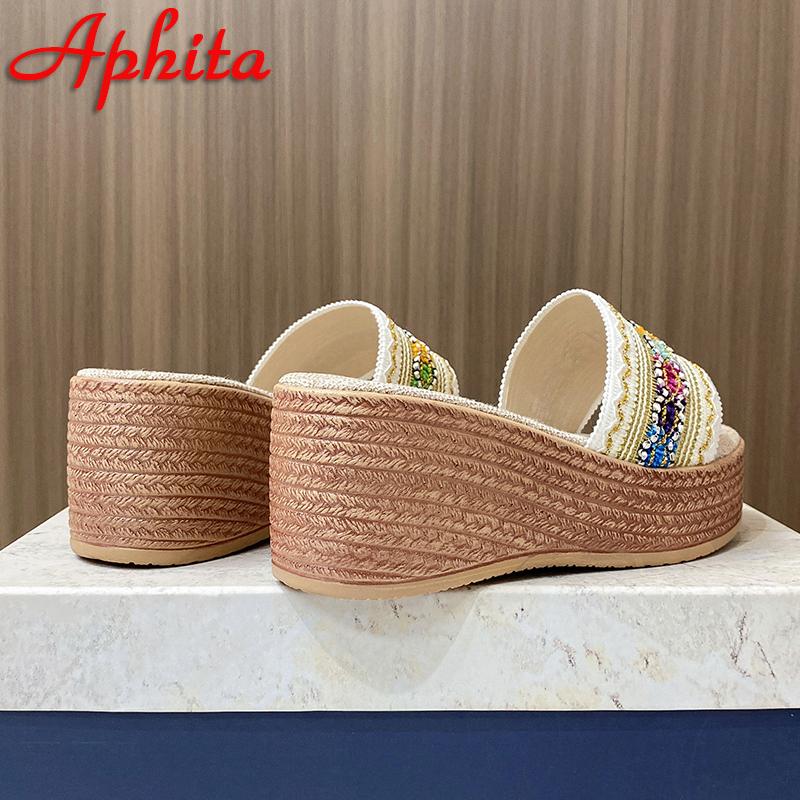 Aphixta Новые вышитые полосатые туфли на танкетке высотой 7 см, платформа, шлепанцы, женские, ретро, больших размеров 43, тапочки, уличная, сексуальная пляжная обувь