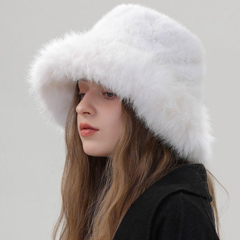 Warm Artificial Fur Hat Imitation Fur Winter Cap Elegant Plush Bucket Hat Streetwear