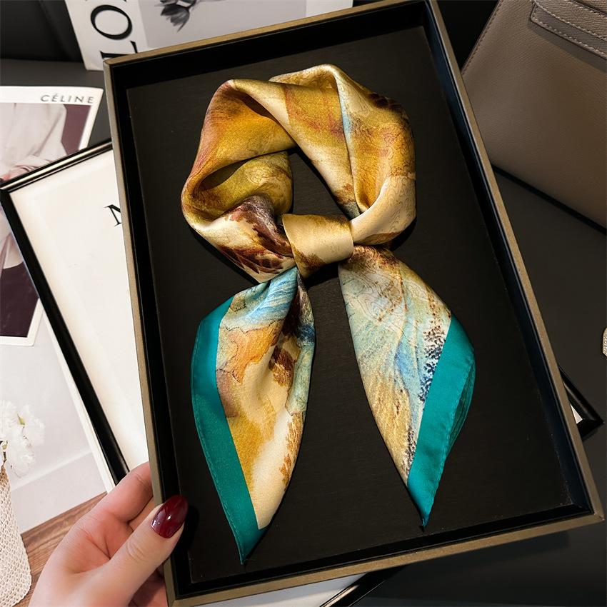 Шелковый шарф Guofeng, квадратный шарф с пейзажными чернилами, 70 см, имитация шелкового шарфа, тысячи миль рек и гор, шелковый шарф для женщин