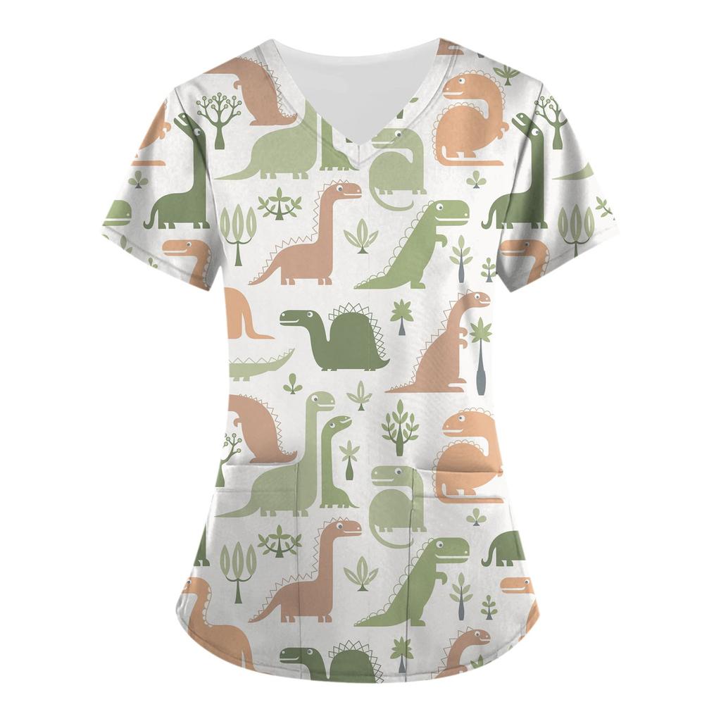 Женские топы с короткими рукавами и v-образным вырезом с милыми животными, рабочая блузка с карманами