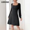Women's Knit Dress Worn Pit Stripe Split V-Neck Solid Color Long Sleeve Autumn Dresses