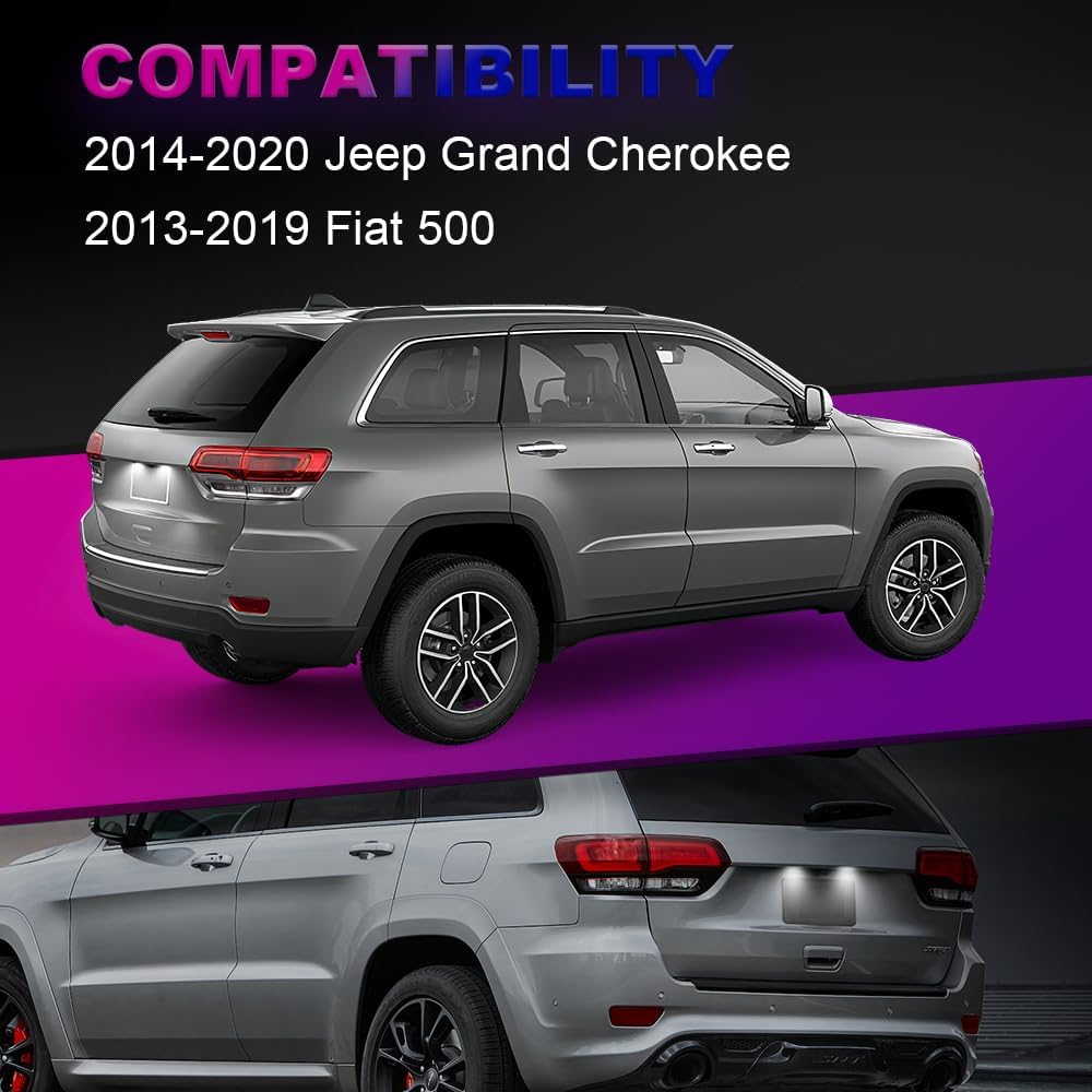 2Pcs LED License Plate Light Lamp Assembly For Jeep Grand Cherokee 2014 2015 2016 2017 2018 Fiat 500 2013- Super Bright 6000K Xenon White Rear Tag