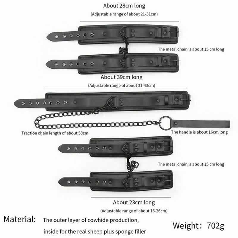 Black Leather Handcuffs Ankle Wrist Cuffs Collar Leash   Restraints Kit Restraint Kits & Sets