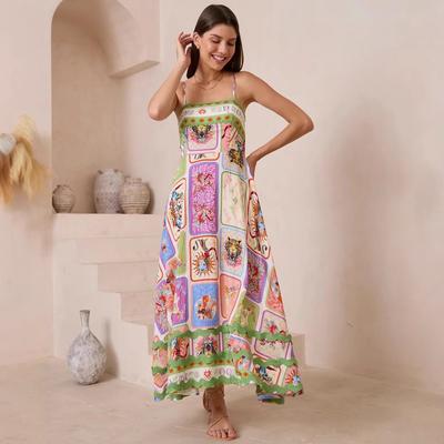 Женское платье без рукавов с принтом на подтяжках в стиле отпуска с кружевным декором