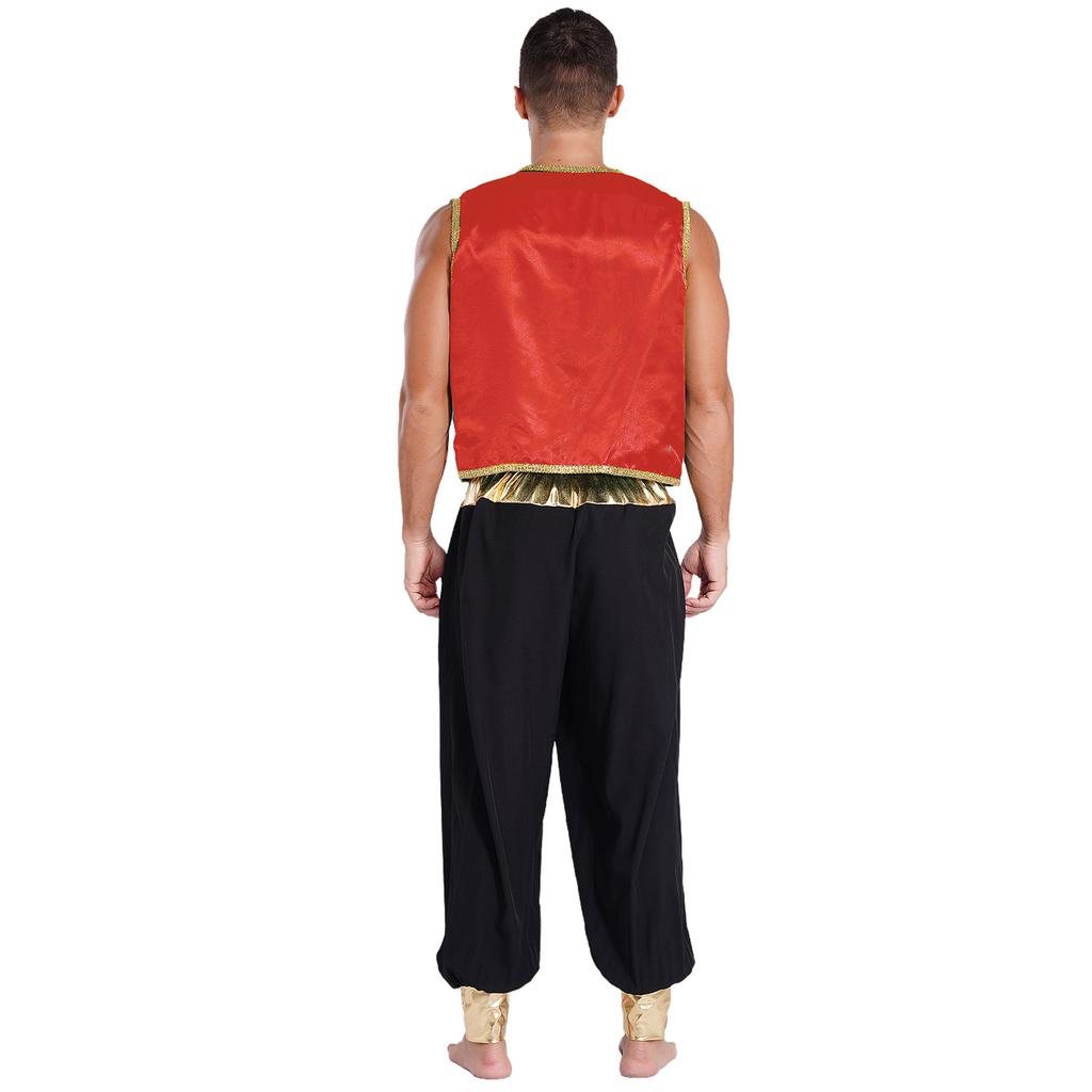 Мужской костюм Арабского принца Комплект Без рукавов Плетеная отделка Жилет с открытой передней частью Эластичный пояс Брюки в стиле пэчворк