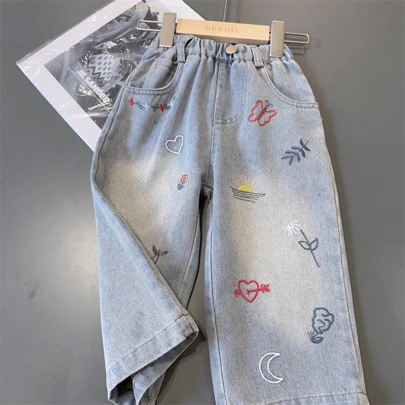 Girls' Denim Wide Leg Pants Children's Jeans Thin Straight Leg Pants High Waisted Pants