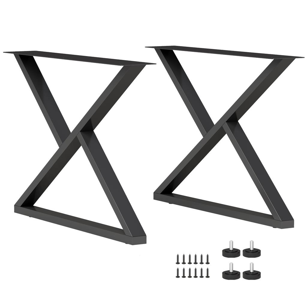Steel Table Legs, Set of 2, X-Shaped, Adjustable Glides, 60 x 43 cm, Black
