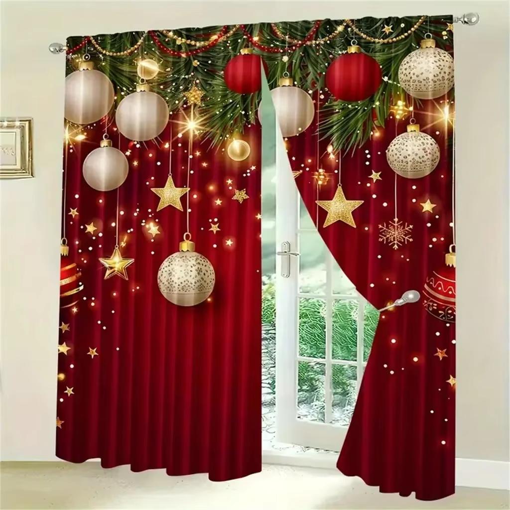 2 Panel Christmas Golden Bell 3D Digital Printed Curtain Classic Style Polyester Curtain, Bedroom Living Room Floor Curtain