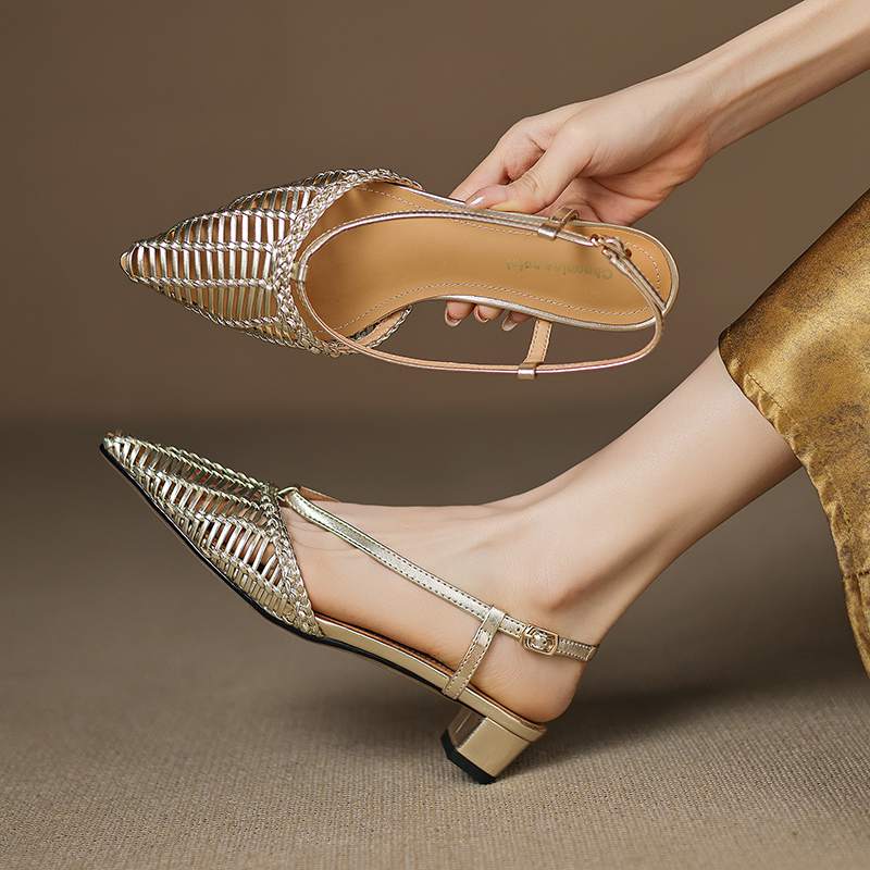 Krazing Pot Соломенные плетеные мюли летние размер 42 золотистого цвета на толстом низком каблуке женские сандалии с острым носком