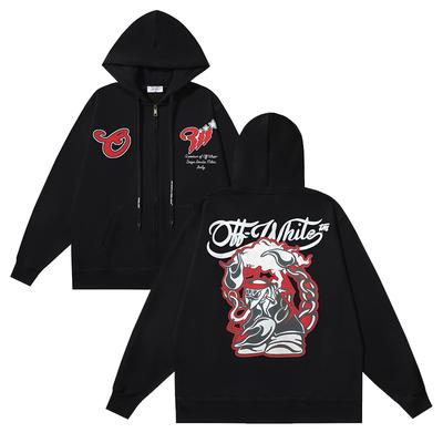1077 Off-White 2025 Осень/Зима Новое Худи на молнии с принтом мультяшного узора OW для мужчин и женщин