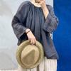 Autumn Vintage Women Linen Solid Color Loose Shirts Three Quarter Sleeve Ruffles Female Blouses