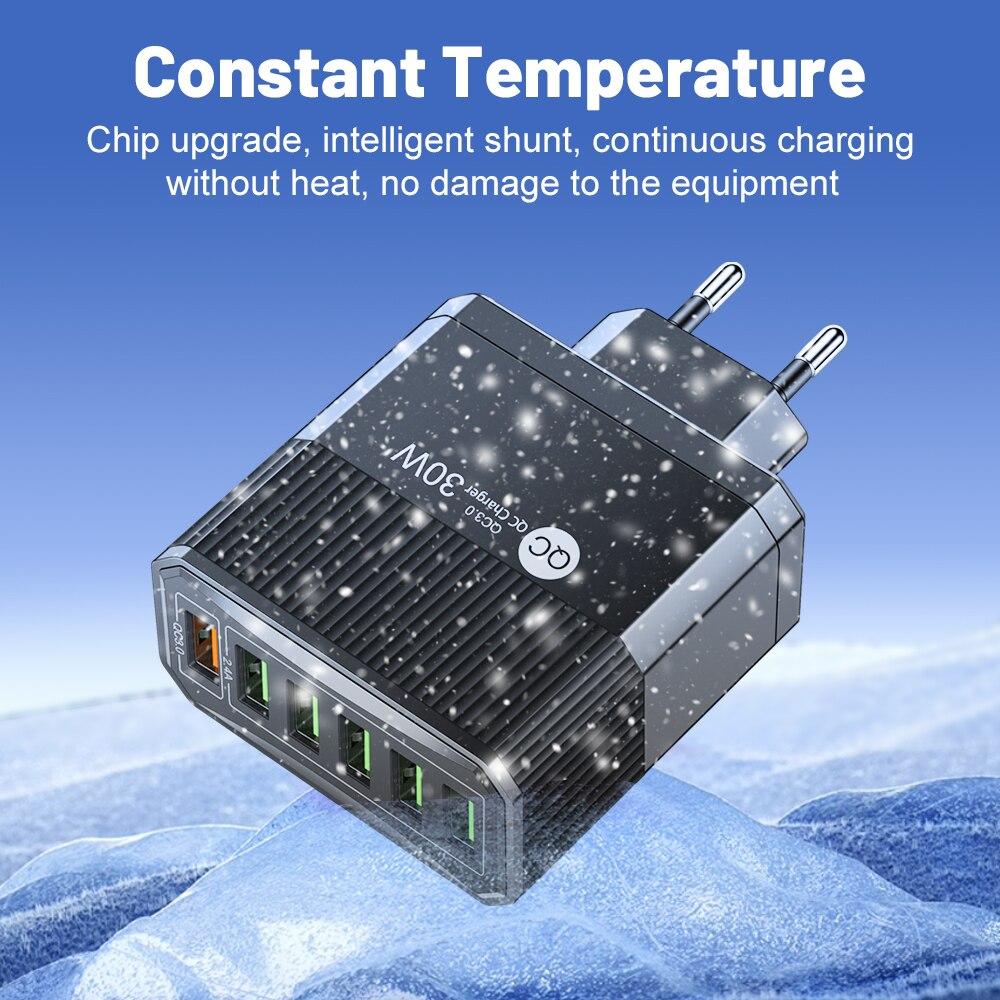 30W USB Charger 6 Ports Fast Charging Phone Travel Charger QC3.0 USB Phone Charger Adapter For iPhone Xiaomi Samsung EU/KR Plug