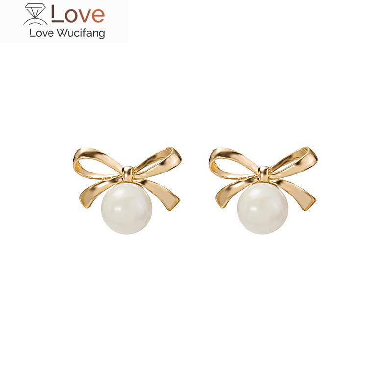 Women Fashion Bowknot Pearl Earrings Lady Elegant Party Temperament Bow Ear Stud Teen Piercing Jewelry Jewelry Gift Gold Color