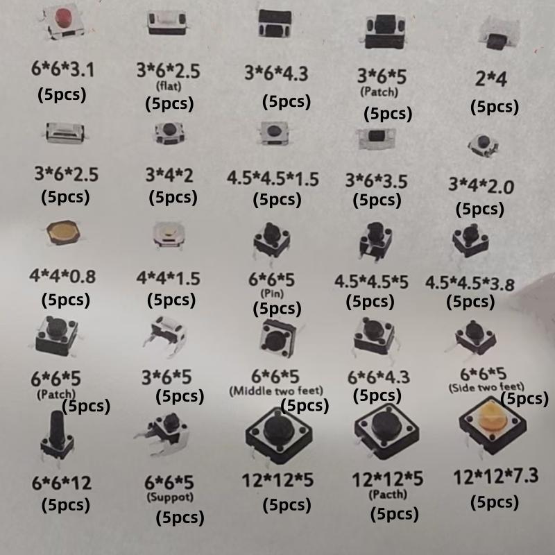 125 шт. 25 типов тактовых кнопочных переключателей, набор-ассорти SMD DIP 2*4 3*6 4*4 6*6 12*12 Сброс Мини-переключатели для Arduino