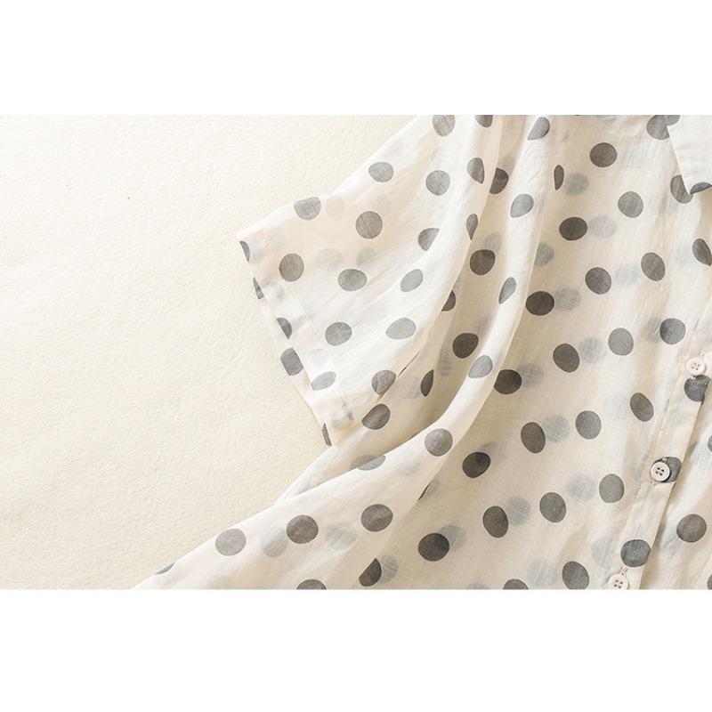 Летняя рубашка в горошек из хлопка и льна с принтом, кардиган с короткими рукавами и лацканами, рубашка, топ для женщин, блузки и рубашки