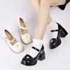 Leather Mary Jane Shoes Women'S Retro British Style Small Flower Buckle High Heel One-Word Buckle Thick Heel Square Head Single Shoes Leather Shoes