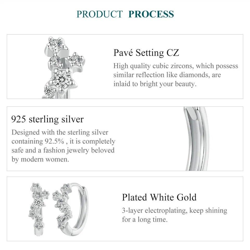 BAMOER 925 Sterling Silver Shiny Starry Ear Buckles Irregular Hoop Earrings for Women Shiny Zircon Fine Jewelry Gift