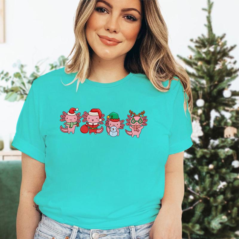 Women Merry Christmas Short Sleeve Tshirt Santa Axolotl Premium Girls Clothing Crew Neck Axolotl Christmas Gift Classic Tshirt