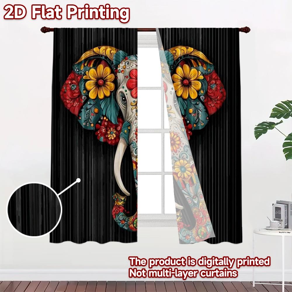 2D flat printing 2pcs Curtain Party Curtain Day of the Dead Elephant Digital Printed Polyester Drapes Festive Holiday for