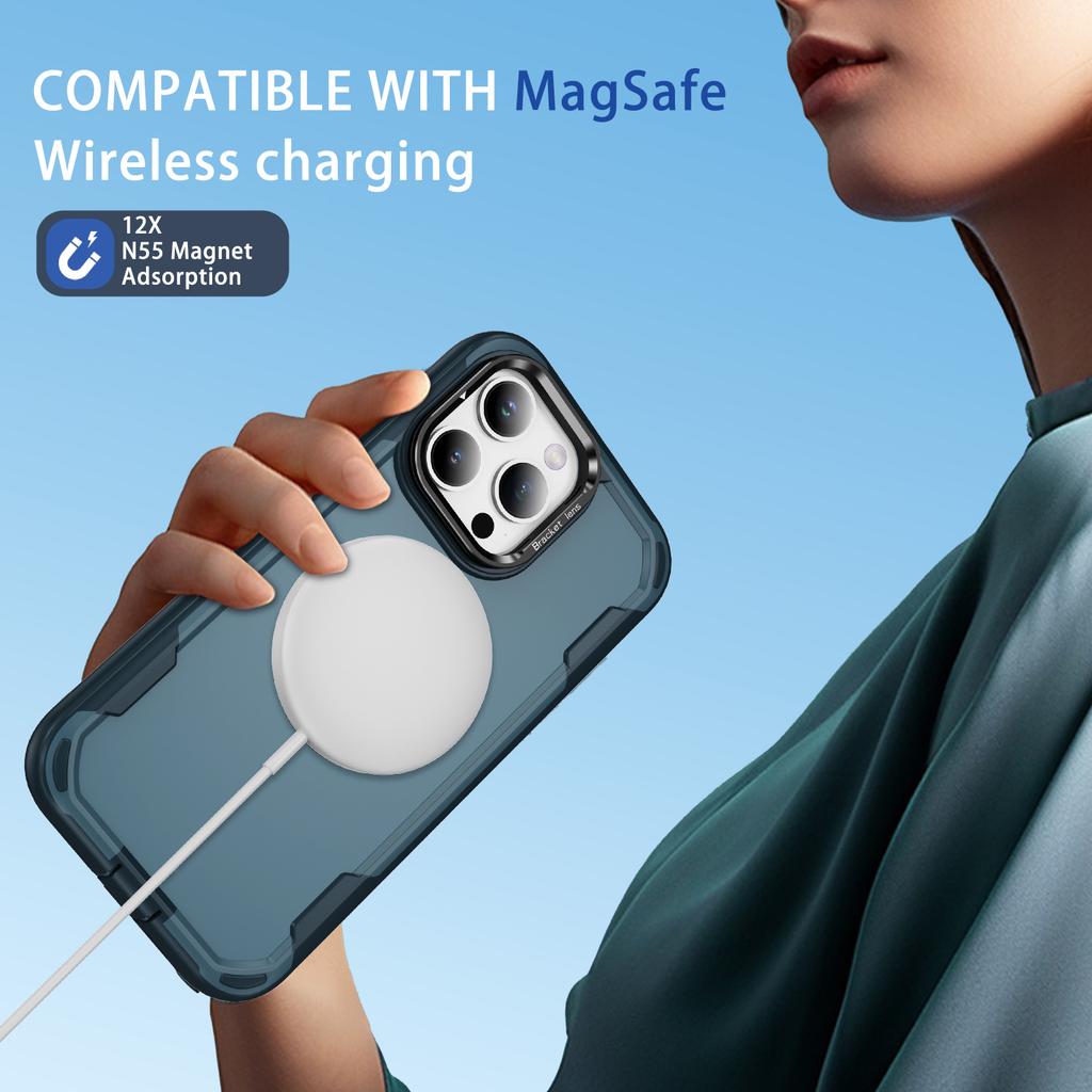 For iPhone 15 Pro Max Case Compatible with MagSafe Lens Frame Kickstand TPU+PC Shockproof Phone Cover