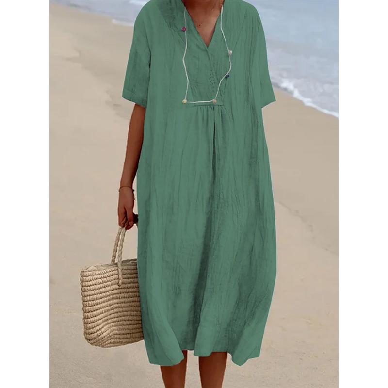 Summer Literary Vintage Cotton Linen Dress Female Short Sleeve Loose Casual Robe Women Solid Color Vestidos