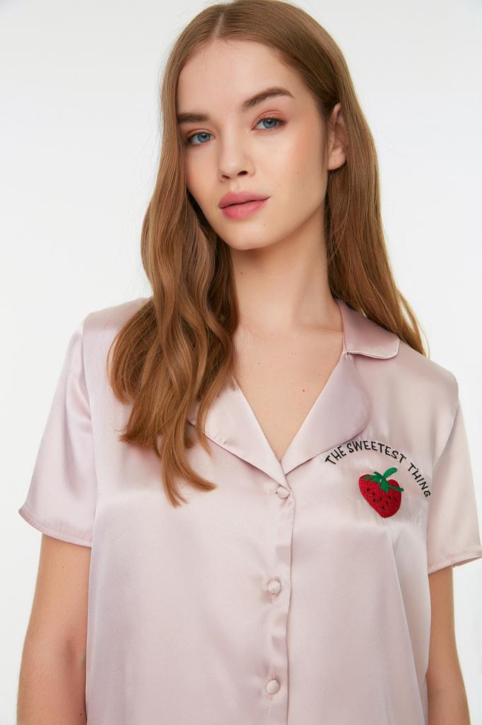 Women's Fashion New Pajama Set Orange Embroidered Satin Shirt-Shorts Woven Pajama Set