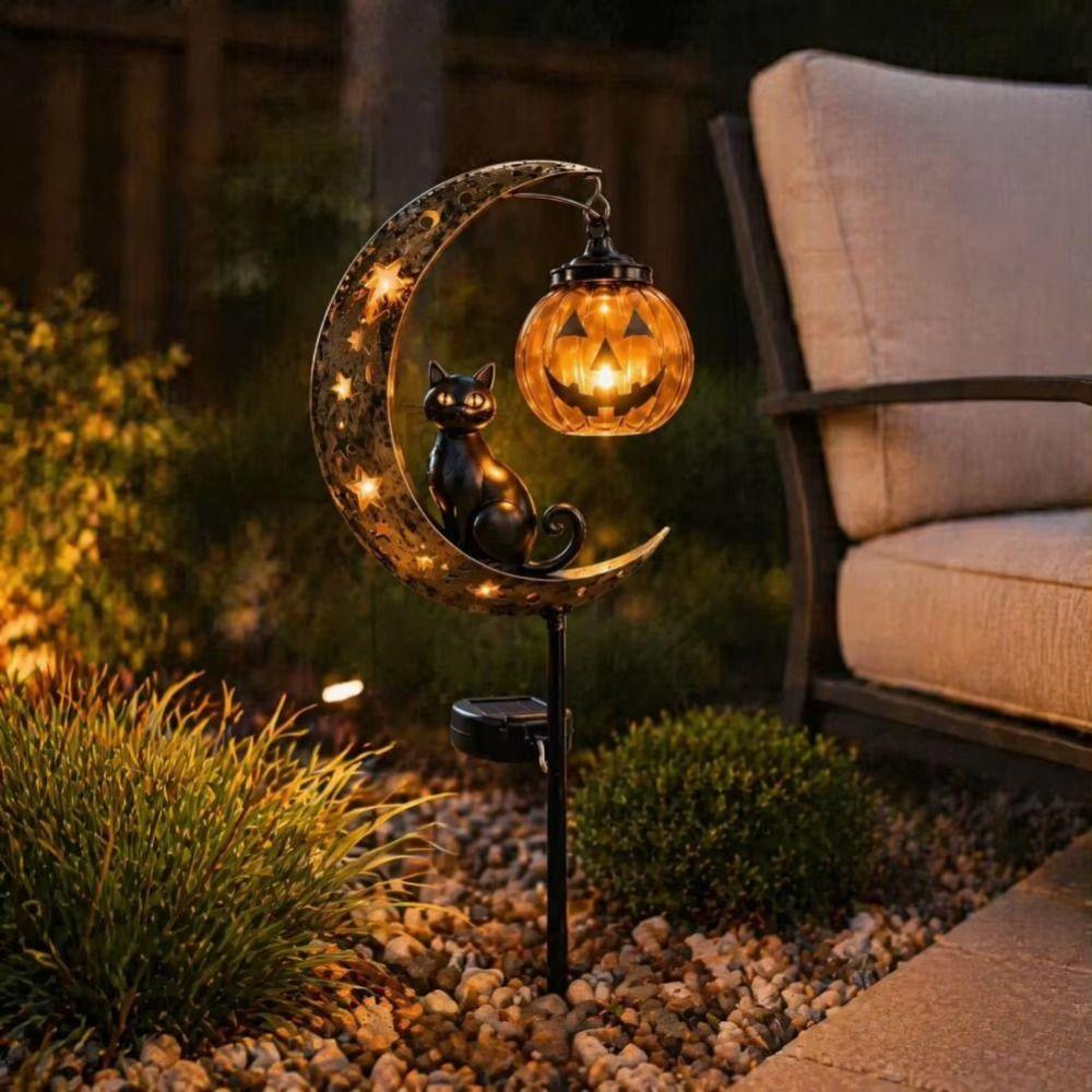 Auto On/Off Solar Garden Lights Iron Cat Moon Design Garden Pathway Lights Halloween Lights  Lawn