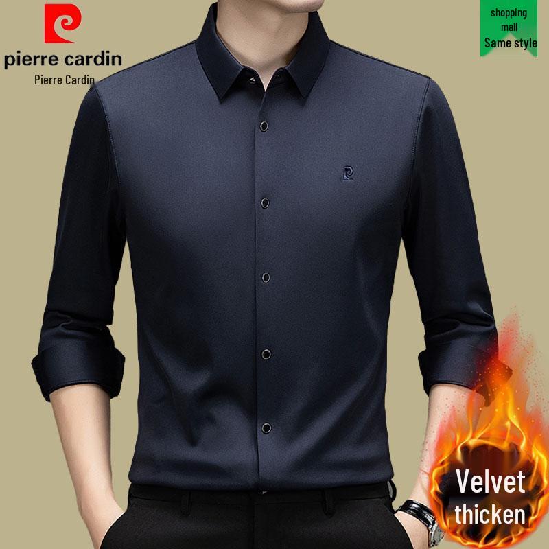 Мужская рубашка Pierre Cardin с длинным рукавом из шелка-тусса (mulberry silk) - Не требует глажки, С начесом, Высококачественный business casual для осени/зимы