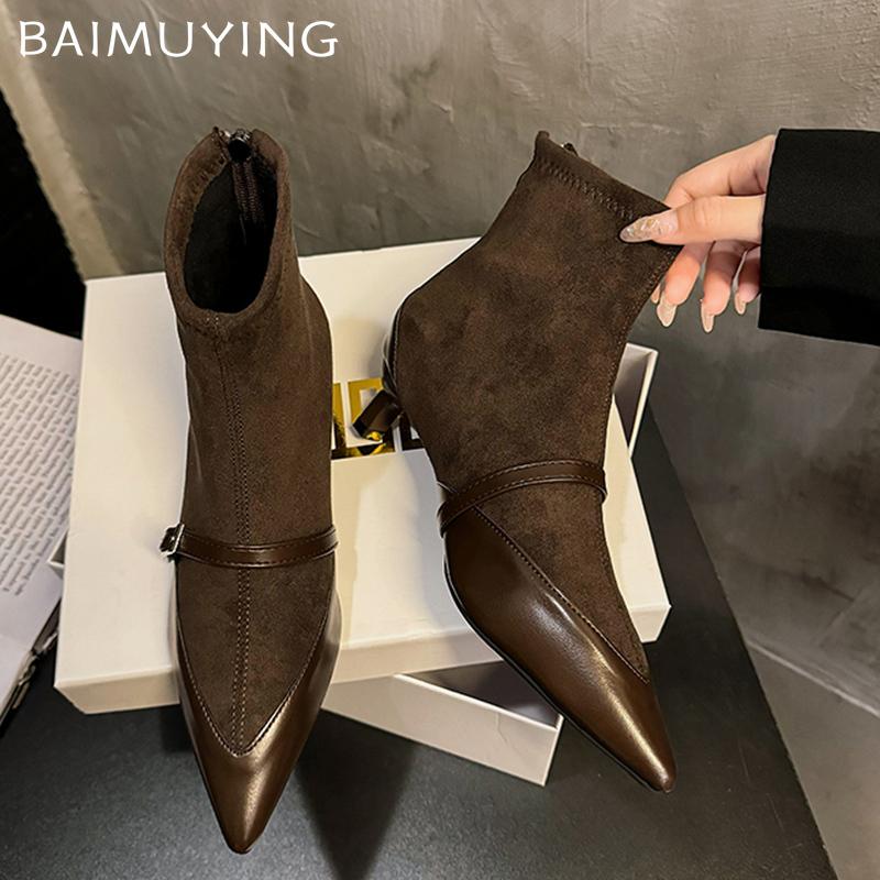 Зимние женские ботильоны с острым носком из замши, элегантные туфли на среднем каблуке 2025 года, модные сексуальные туфли-лодочки с пряжкой в готическом стиле, челси, Botas Mujer