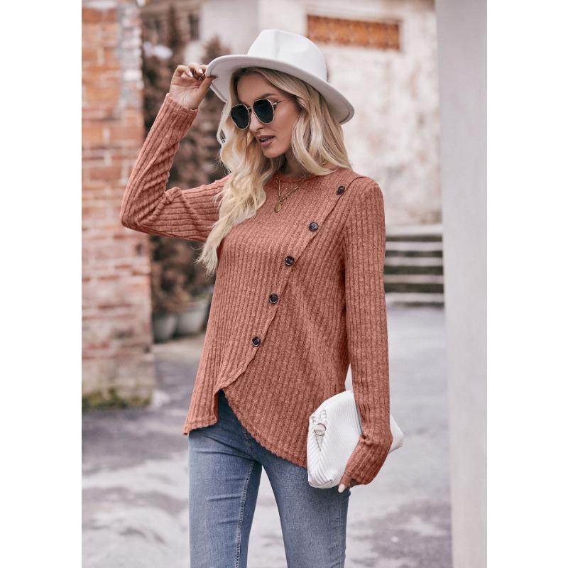 YYFS Женские модные повседневные весенне-осенние однотонные блузки и рубашки с круглым вырезом с длинными рукавами и принтом