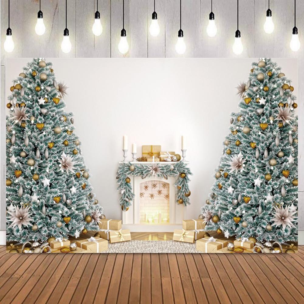 Christmas Day Backdrops For Photography White Wooden Wall Xmas Trees Wreath Fireplace Decor Family Party Photo Backgrounds13