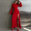 Women's Autumn and Winter Slim Temperament Long Sleeve Split Sexy Long Dresses