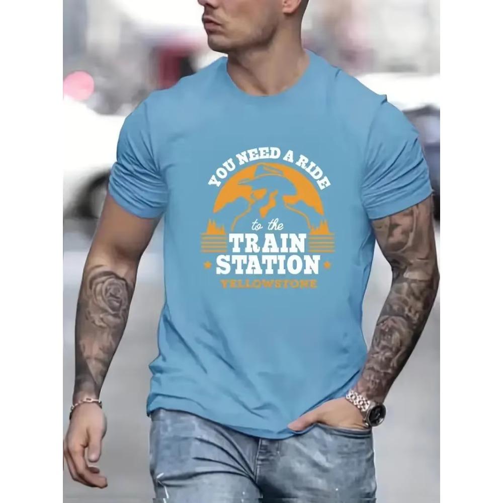 "Train Station" Pattern Cotton Printing Men's Comfortable Chic Pattern T-Shirt Men's Summer Outdoor Men'sClothing Men's Top Gift