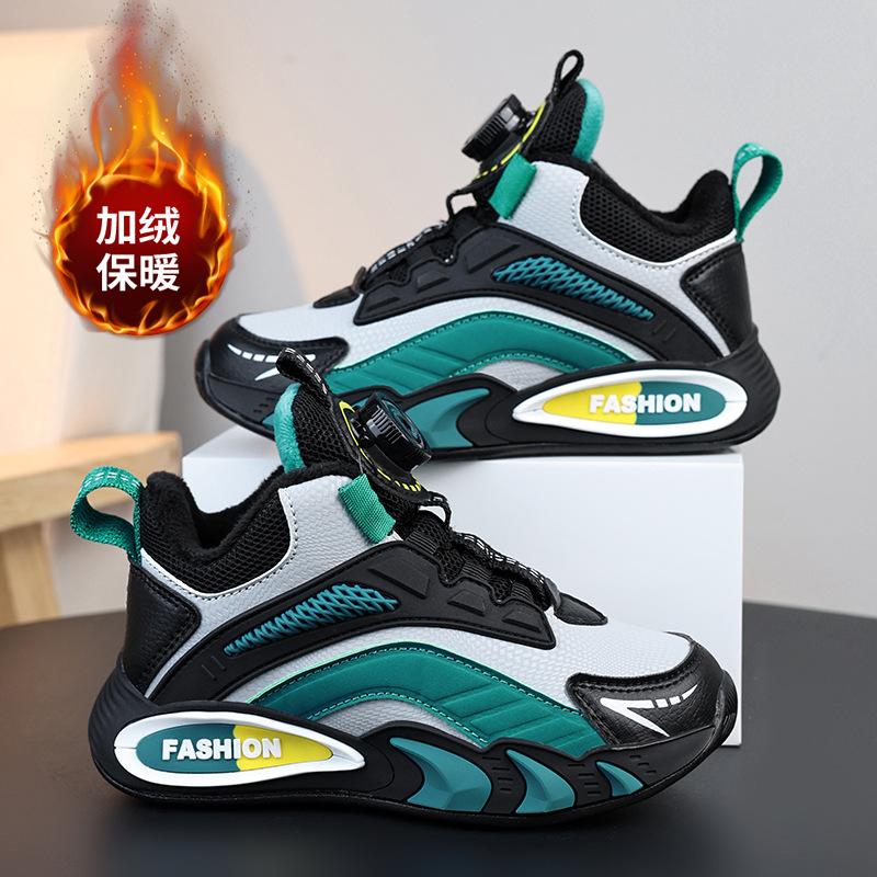 Fleece warm swivel buckle children's sports shoes, medium and large children's basketball shoes, boys' cotton shoes