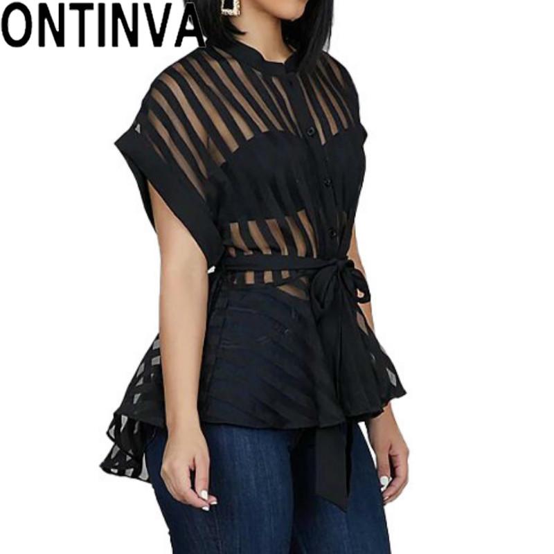 Женские рубашки, прозрачные прозрачные короткие рукава с пуговицами на поясе, сексуальные блузки, топы, женские весенне-летние модные блузки