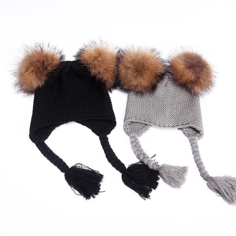 New Autumn Winter Baby Beanie 22 CM Real Fur Pompoms Warm Sleep Wool Cap Kids Clothing Accessories H